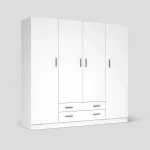 Armario 4 puertas blanco con dos cajones inferiores y tiradores metálicos, sobre fondo gris