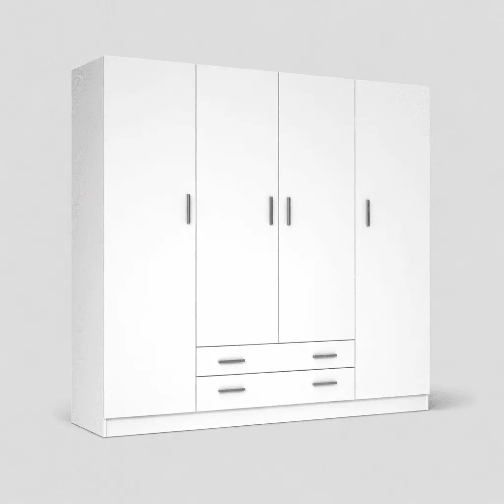 Armario 4 puertas blanco con dos cajones inferiores y tiradores metálicos, sobre fondo gris