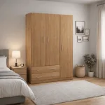 Armario de 3 puertas batientes en madera con dos cajones, en un dormitorio