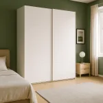 Armario económico blanco de dos puertas correderas en un dormitorio con pared verde