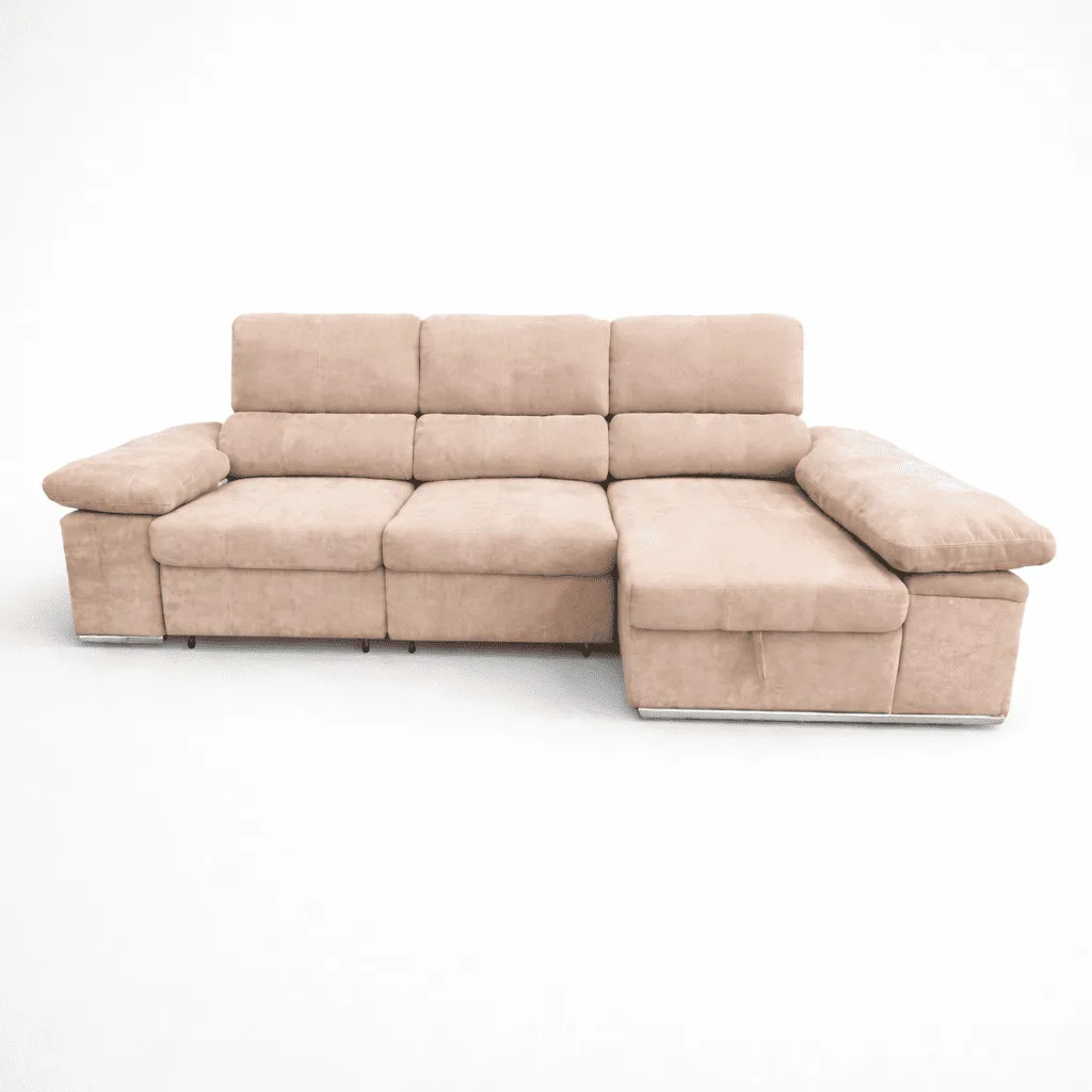 Chaiselongue cama Nadia beige con cabezales reclinables y chaise a la derecha