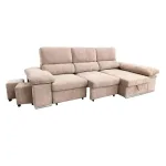 Chaiselongue cama Nadia beige con la cama desplegada y pufs separados