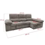 Medidas de la chaiselongue Nadia: 285 cm de ancho total, 217 cm de sofá y 107 cm de alto