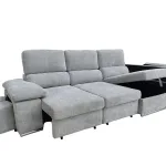 Chaiselongue cama Nadia gris con cama abierta, pufs y arcón de la chaise destapado
