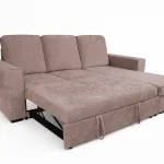 Chaiselongue cama Nepal beige con la cama abierta sobre fondo blanco