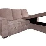 Chaiselongue cama Nepal beige en perspectiva con el arcón abierto