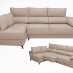 Chaiselongue Elena en tela beige con patas metálicas y vista de su versión invertida