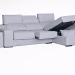 Chaiselongue Málaga gris claro con arcón abierto, asientos extraíbles y pufs
