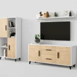 Composición de salón Bruselas en blanco y roble: columna con huecos, bajo TV con puertas y estante de pared
