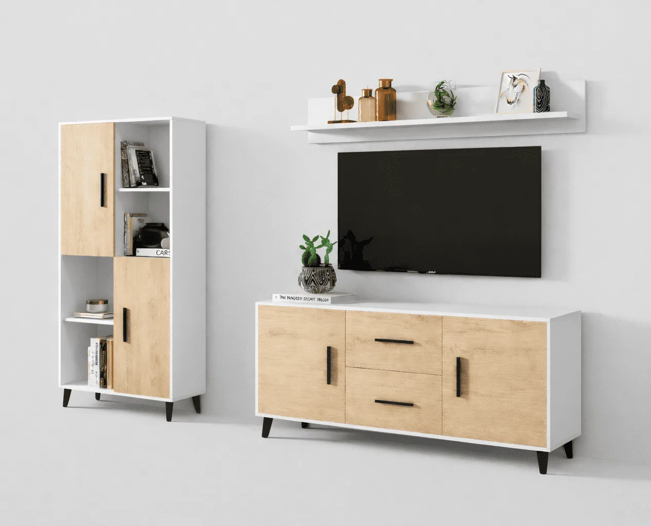 Composición de salón Bruselas en blanco y roble: columna con huecos, bajo TV con puertas y estante de pared