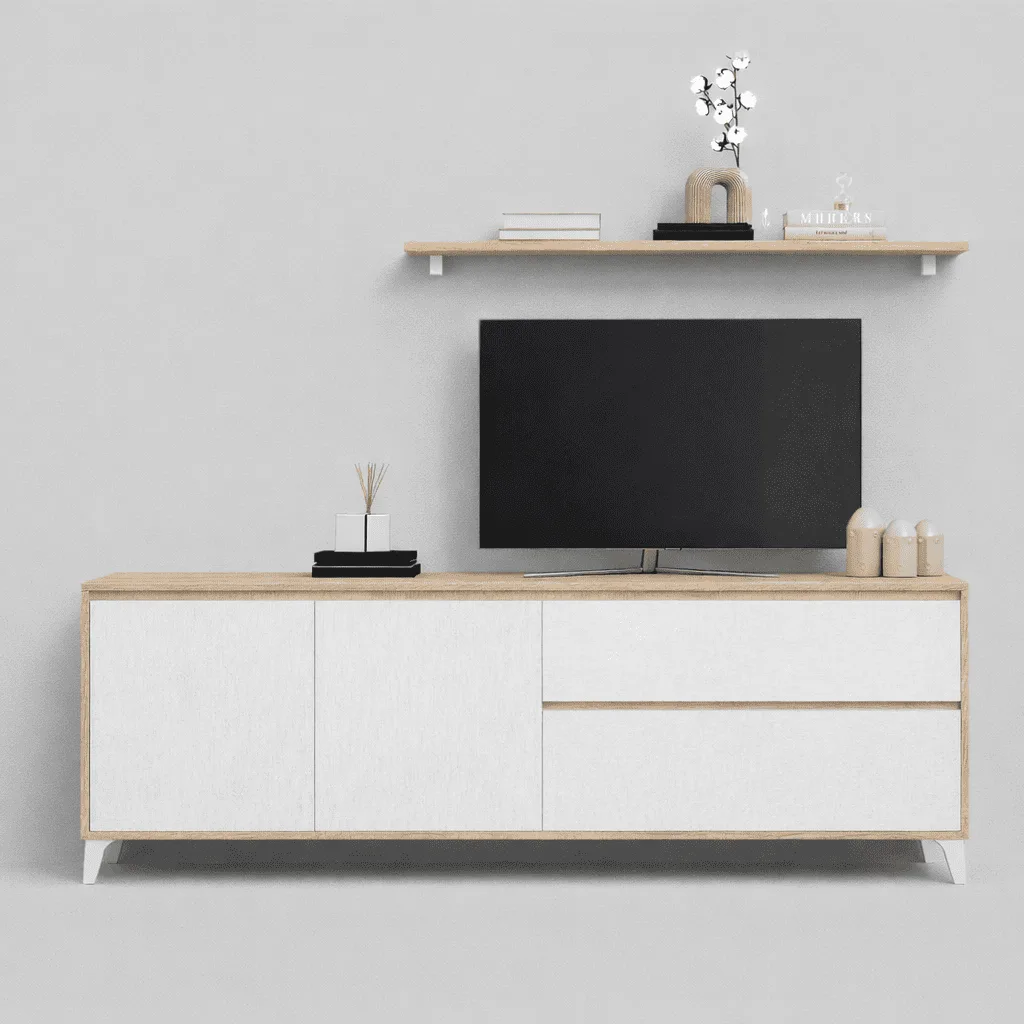 Bajo Tv Zeus blanco con cantos de madera, puertas y cajón, patas cónicas y estante de pared superior