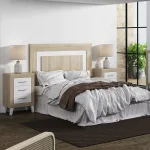 Dormitorio de matrimonio Atira Plus en blanco y roble con cabecero, dos mesitas, sinfonier y cómoda con espejo