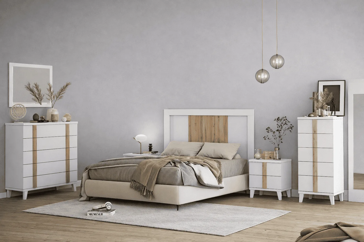 Dormitorio Lisboa en blanco y madera con cabecero, mesitas, sinfonier y cómoda con espejo