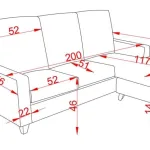Plano de medidas del sofá chaiselongue Duque: 200 cm de ancho, 144 cm de chaise y 99 cm de alto