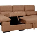 Chaiselongue cama Huesca piedra con la cama abierta y el arcón de la chaise destapado