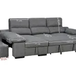 Chaiselongue cama Huesca abierta con puf y medidas de cada módulo, en tela gris