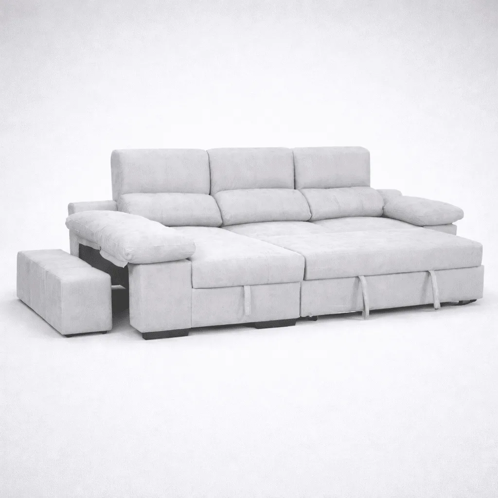 Chaiselongue cama Huesca cemento en gris claro, con cama extraíble abierta y puf