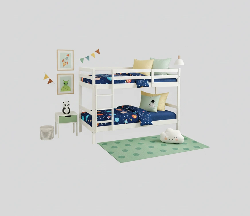 Litera Olivia blanca en un ambiente infantil con cojines, banderines y alfombra verde