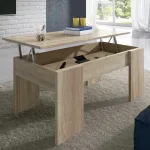 Mesa de centro Gala elevable en acabado roble con el tablero levantado y hueco interior