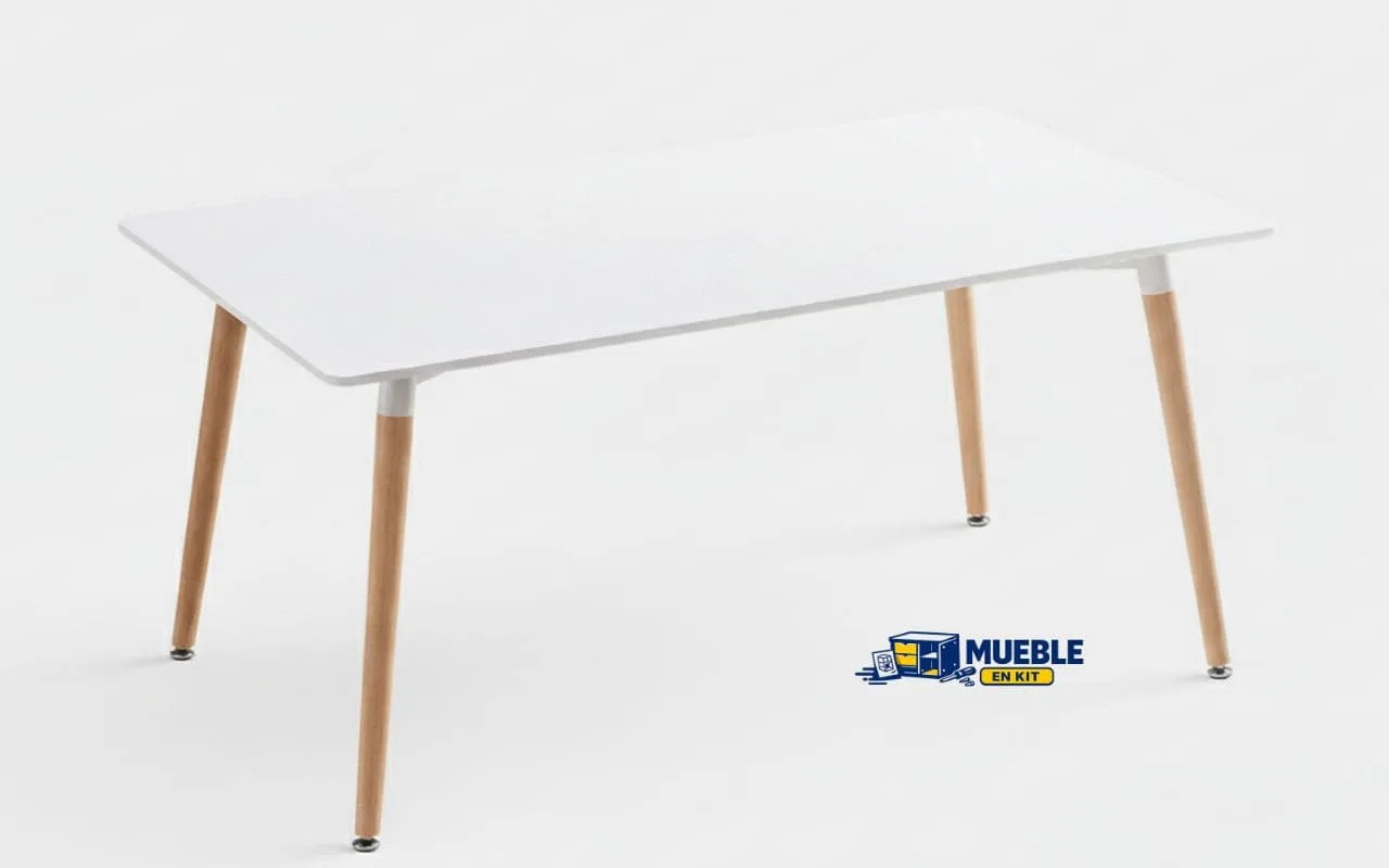 Mesa de comedor Dinamarca con tablero blanco y patas de madera estilo nórdico