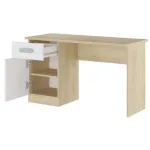 Mesa escritorio Donald en roble y blanco con el cajón y la puerta abiertos