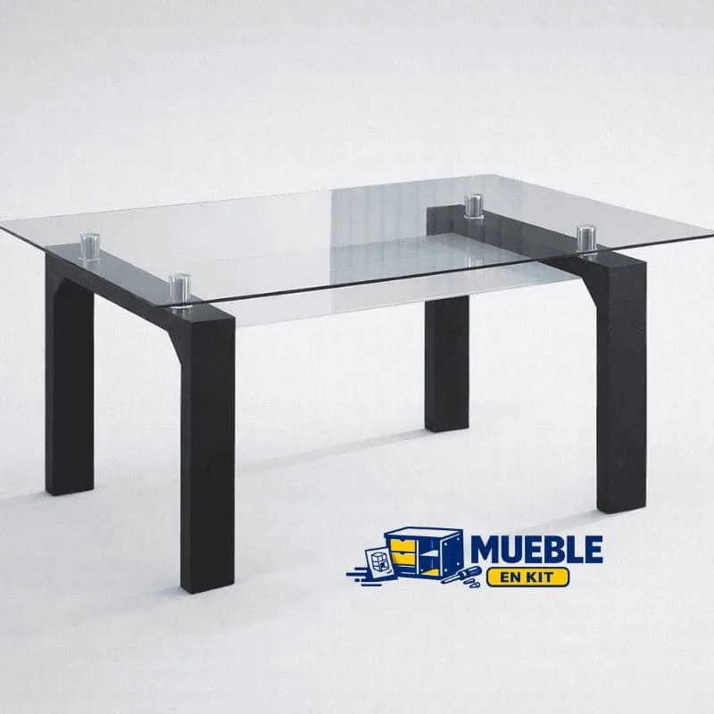 Mesa de comedor Sensei de cristal con patas negras vista en perspectiva