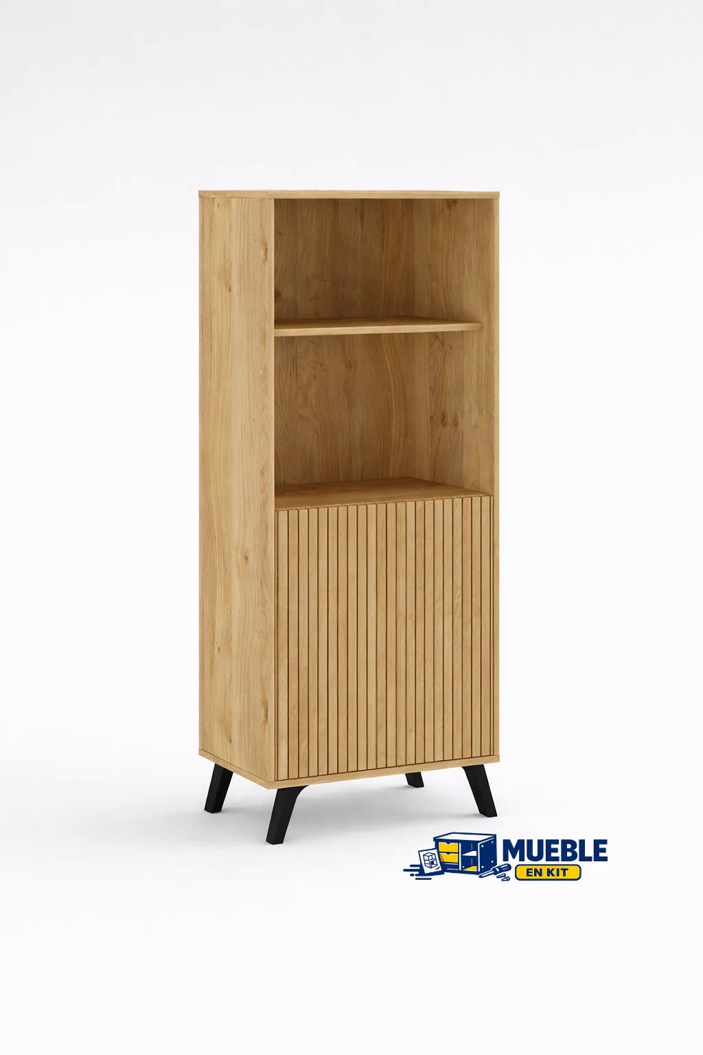 Mueble Bar Solana en roble con huecos superiores, puerta de lamas y patas negras
