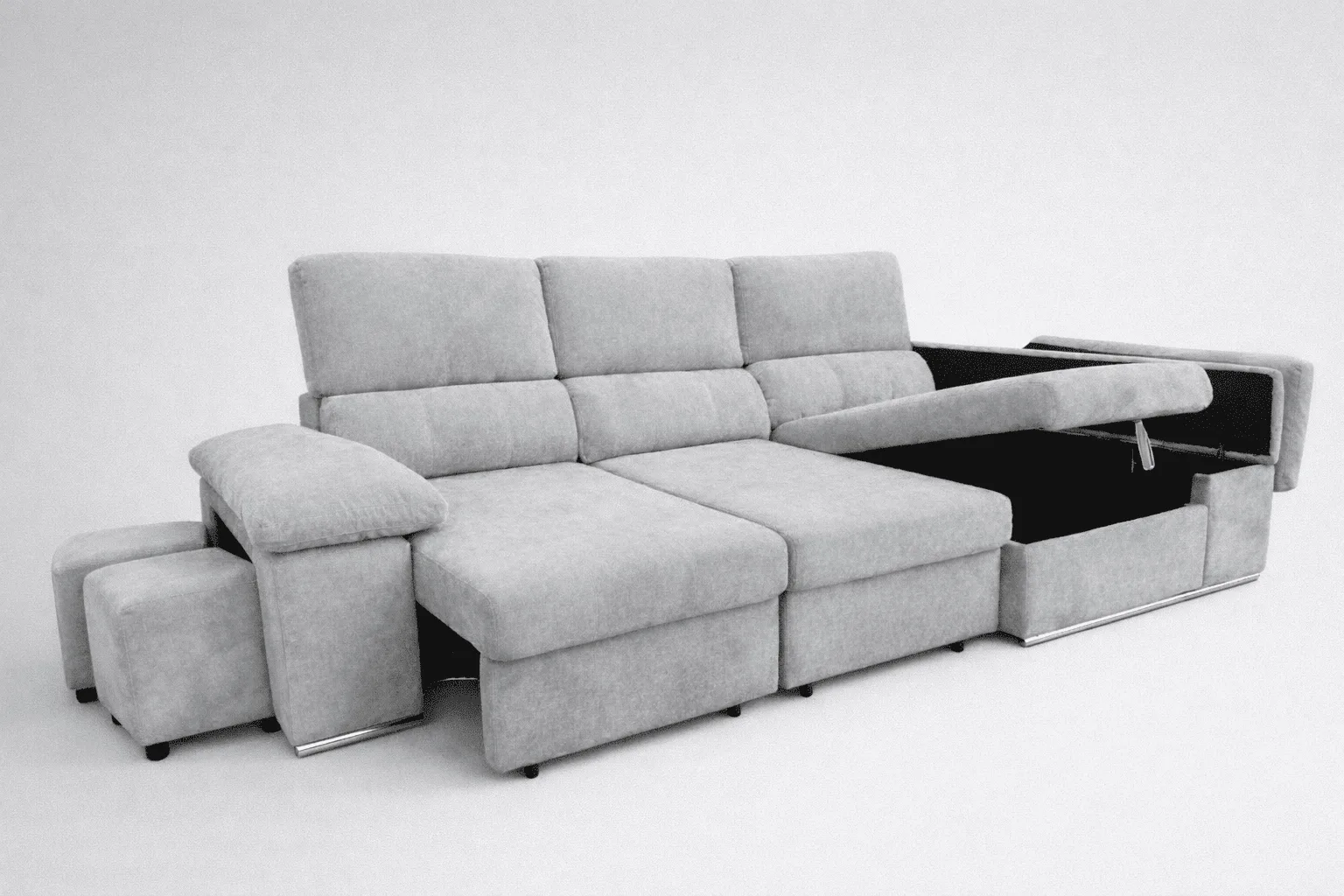 Chaiselongue cama Nadia gris con cama abierta, arcón destapado y pufs