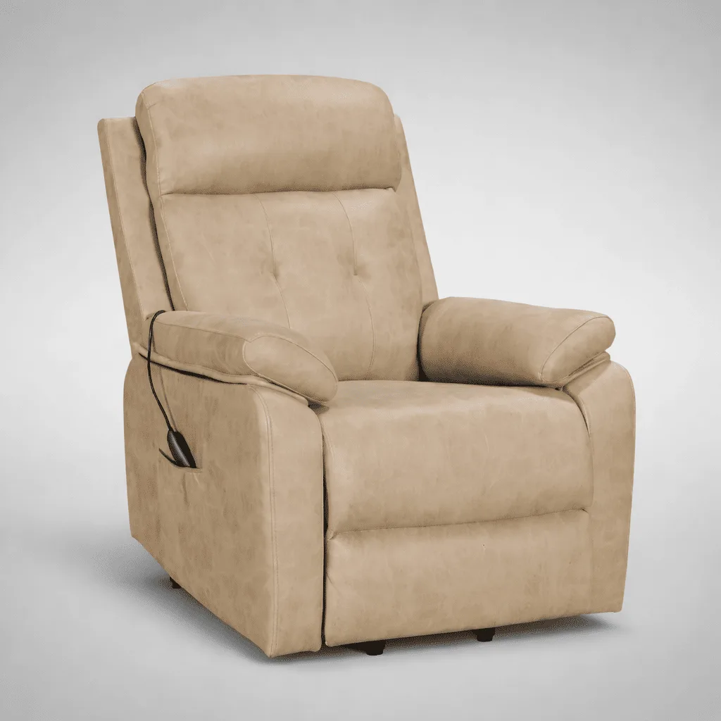 Sillón Powerlift crema 136 en piel sintética con mando lateral, vista de tres cuartos