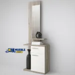 Recibidor Enter con espejo vertical, estante y mueble bajo con puerta blanca