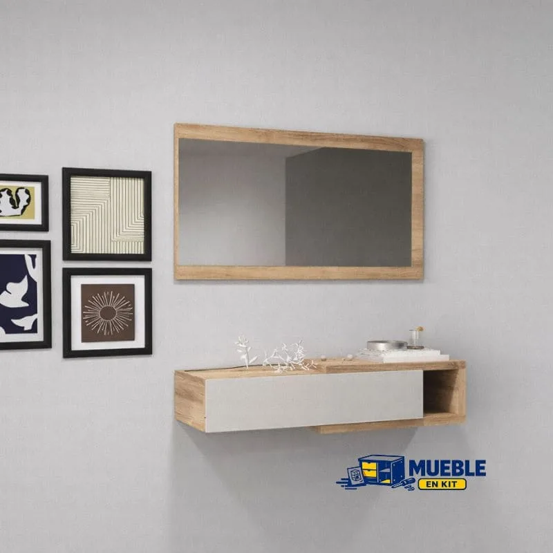 Recibidor horizontal Elba con espejo rectangular y consola suspendida en roble y blanco