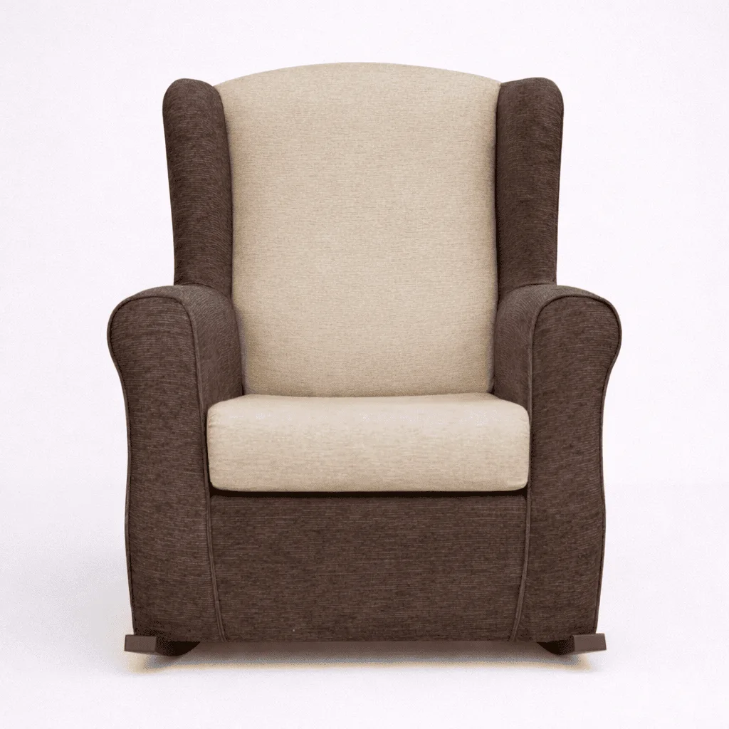 Sillón balancín tapizado en marrón chocolate con respaldo y asiento en crema