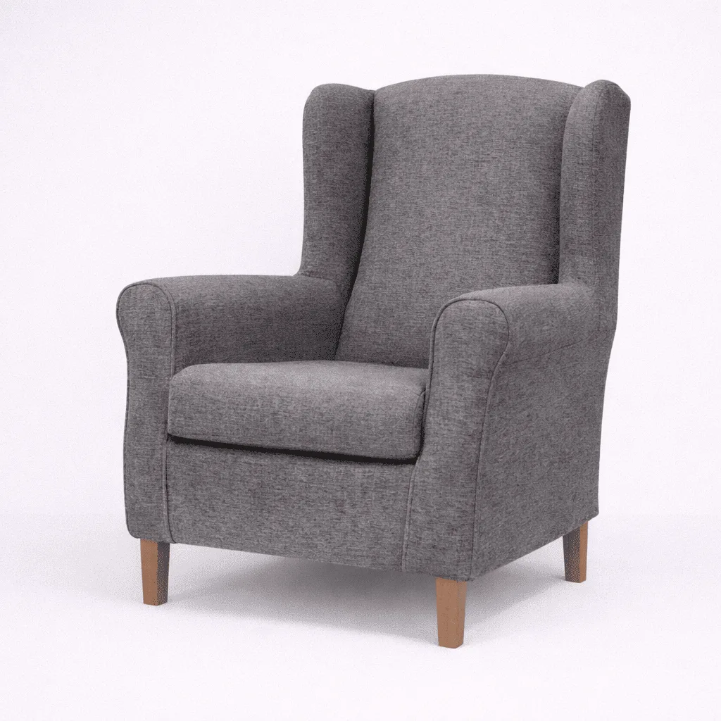 Sillón Dic fijo tipo orejero en tela gris con patas de madera