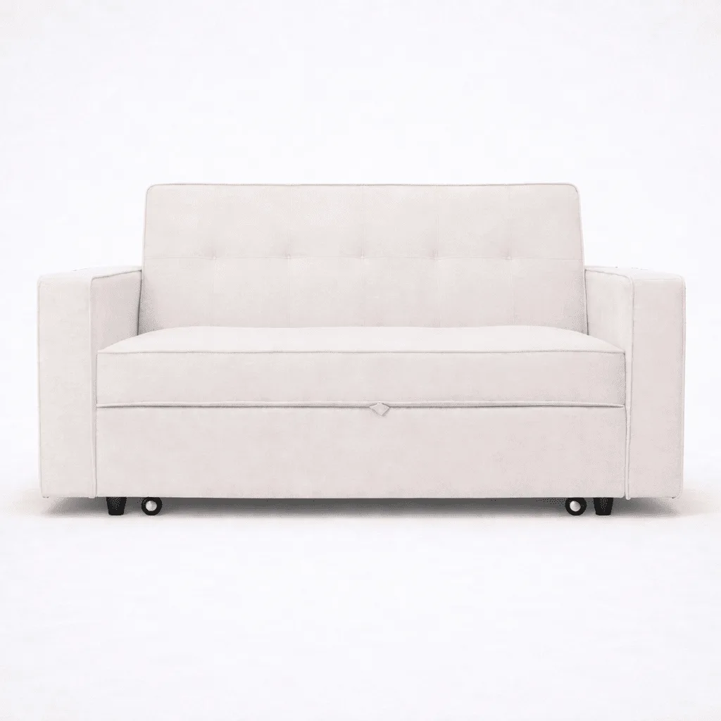 Sofá cama Izan beige cerrado en vista frontal, con respaldo capitoné y ruedas