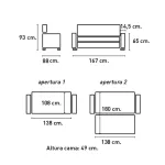 Plano de medidas del sofá cama Izan beige: 167 x 88 cm cerrado y cama de 138 x 180 cm