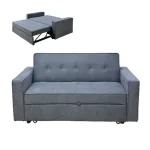 Sofá cama Izan gris cerrado con capitoné, ruedas y detalle del sofá abierto