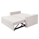 Sofá cama Izan beige abierto en vista lateral con el mecanismo extraíble a la vista