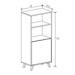 Plano de medidas del Mueble Bar Solana: 60 x 39,6 x 135 cm, con baldas y puerta inferior