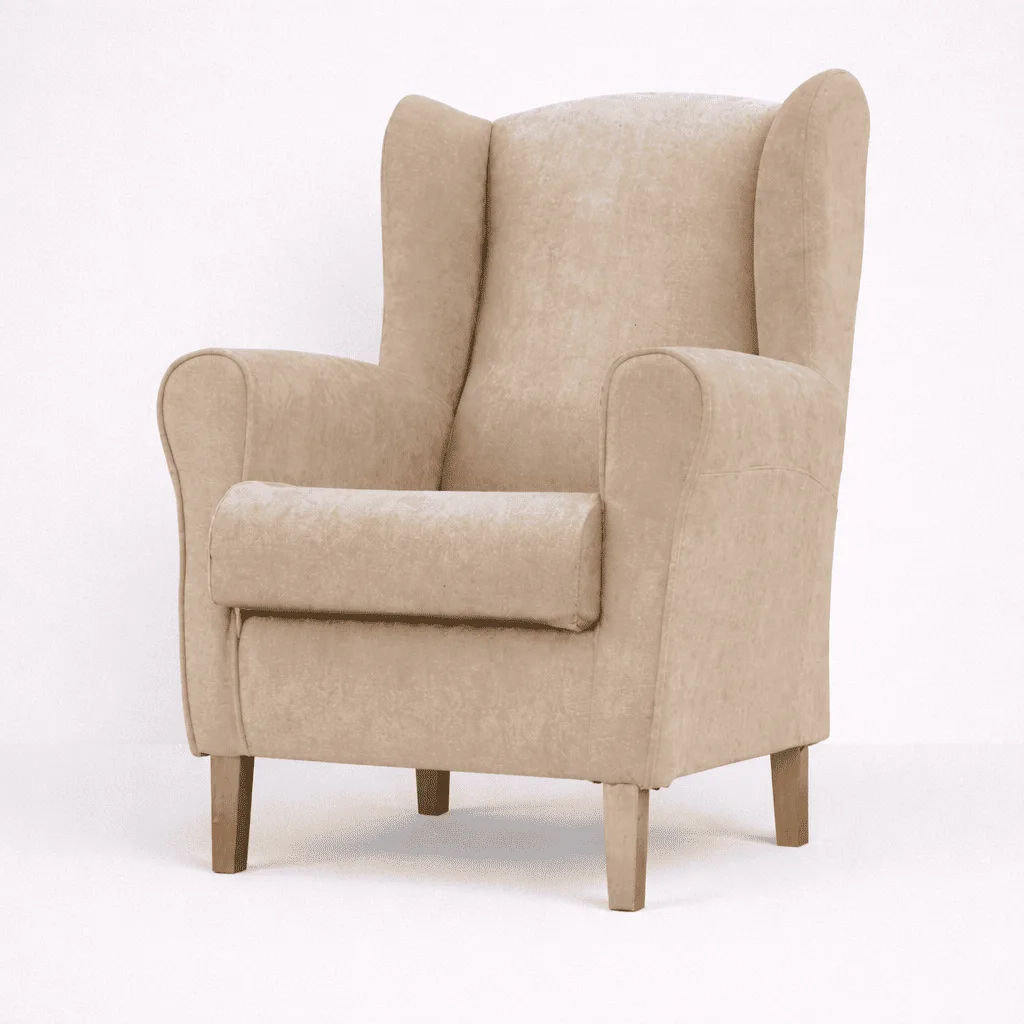 Butaca orejera fija tapizada en tela beige con patas de madera