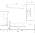 Plano con medidas de la composición de salón Única Leds Antígona: vitrinas, estante y mueble TV