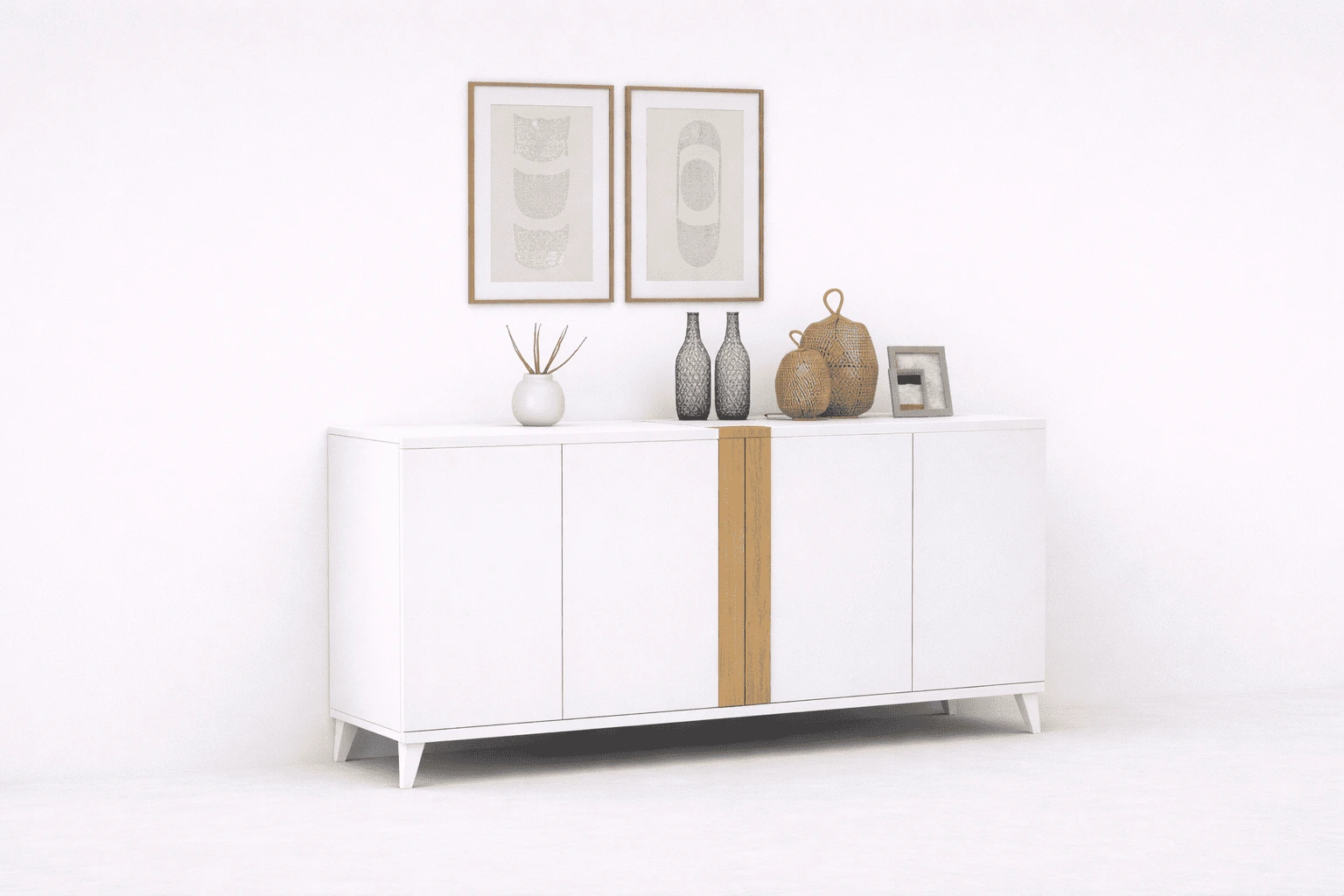 Aparador Lisboa blanco de cuatro puertas con franja de madera y patas inclinadas