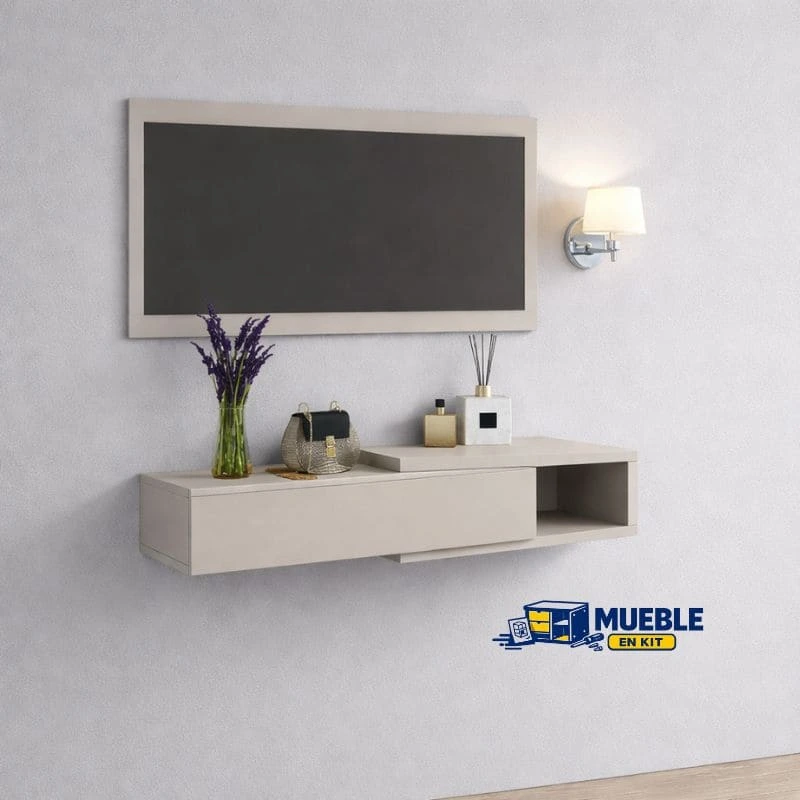 Recibidor Aura beige con espejo rectangular y mueble suspendido con cajón y hueco abierto