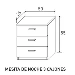 Plano de medidas de la mesita de noche Monika de 3 cajones: 50 x 35 x 55 cm