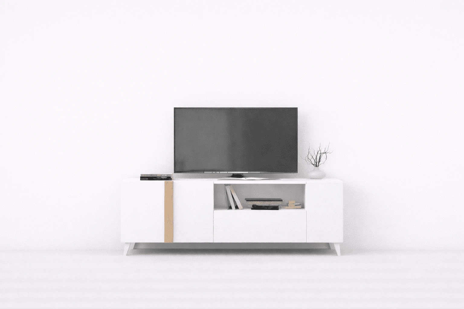 Bajo Tv Lisboa blanco con detalle de madera, hueco central y televisor