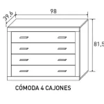 Plano de medidas de la cómoda Lara de 4 cajones: 98 x 39,6 x 81,5 cm