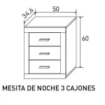 Plano de medidas de la mesita de noche Lara de 3 cajones: 50 x 34,6 x 60 cm