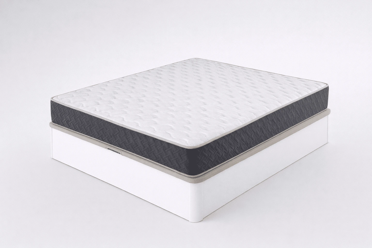 Pack Be Ecospring + canapé Low: colchón blanco con laterales gris oscuro sobre canapé blanco