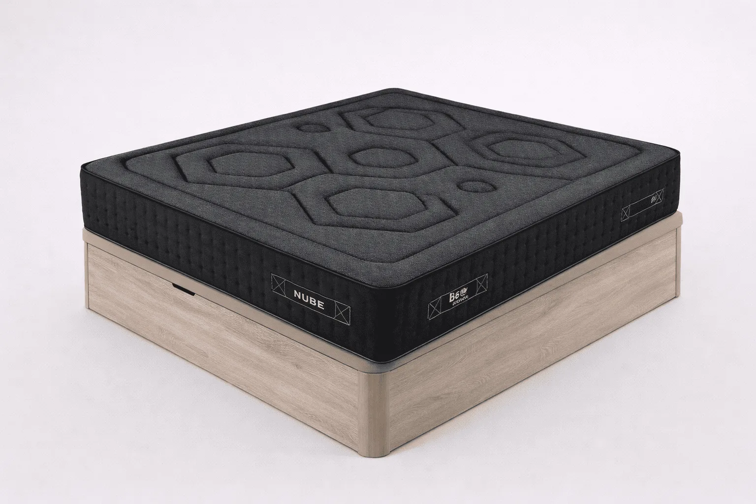 Pack Be Nube + canapé Factory: colchón negro con acolchado geométrico sobre canapé de madera