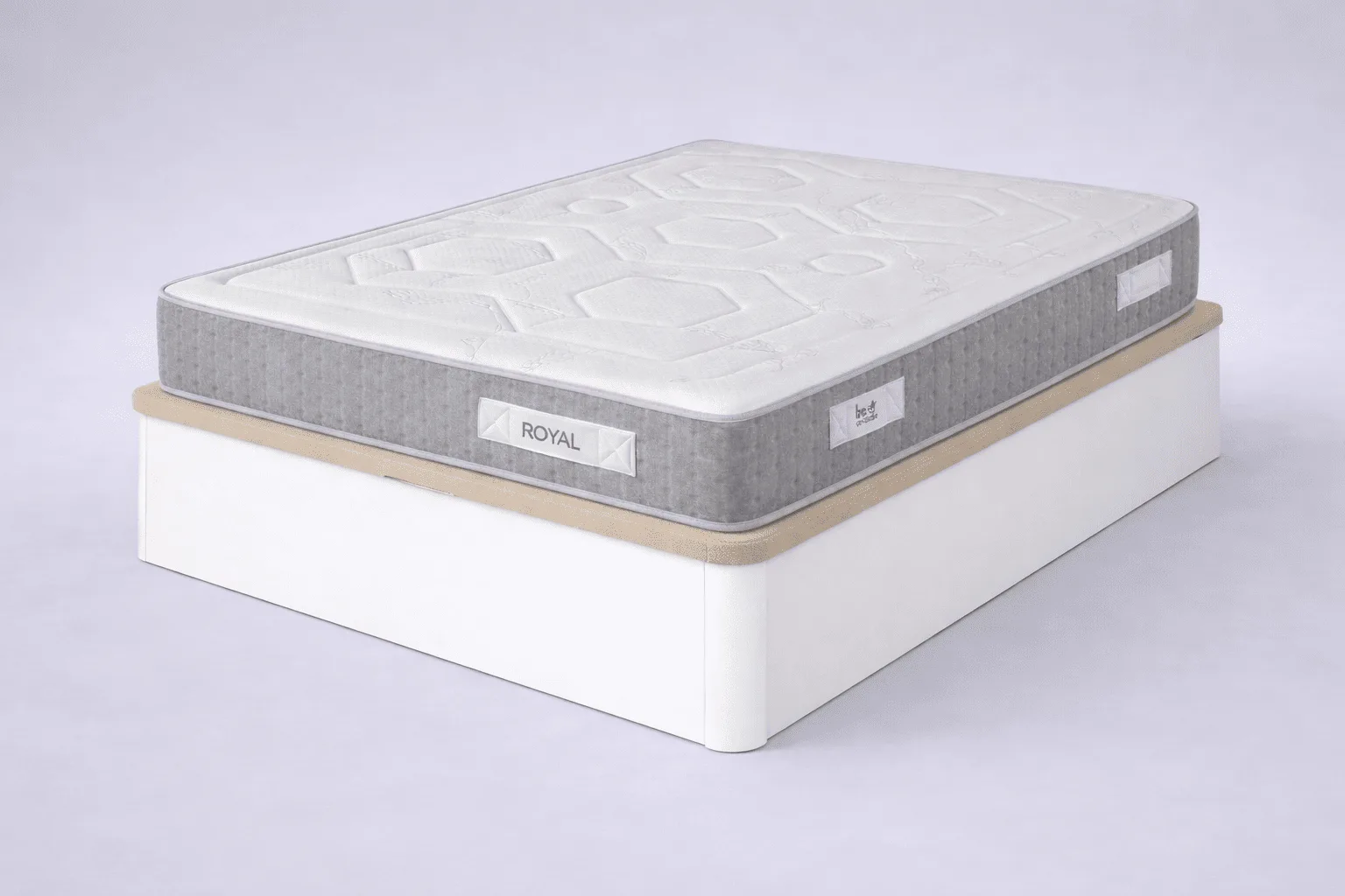Pack Be Royal + canapé Low: colchón blanco y gris sobre canapé abatible blanco