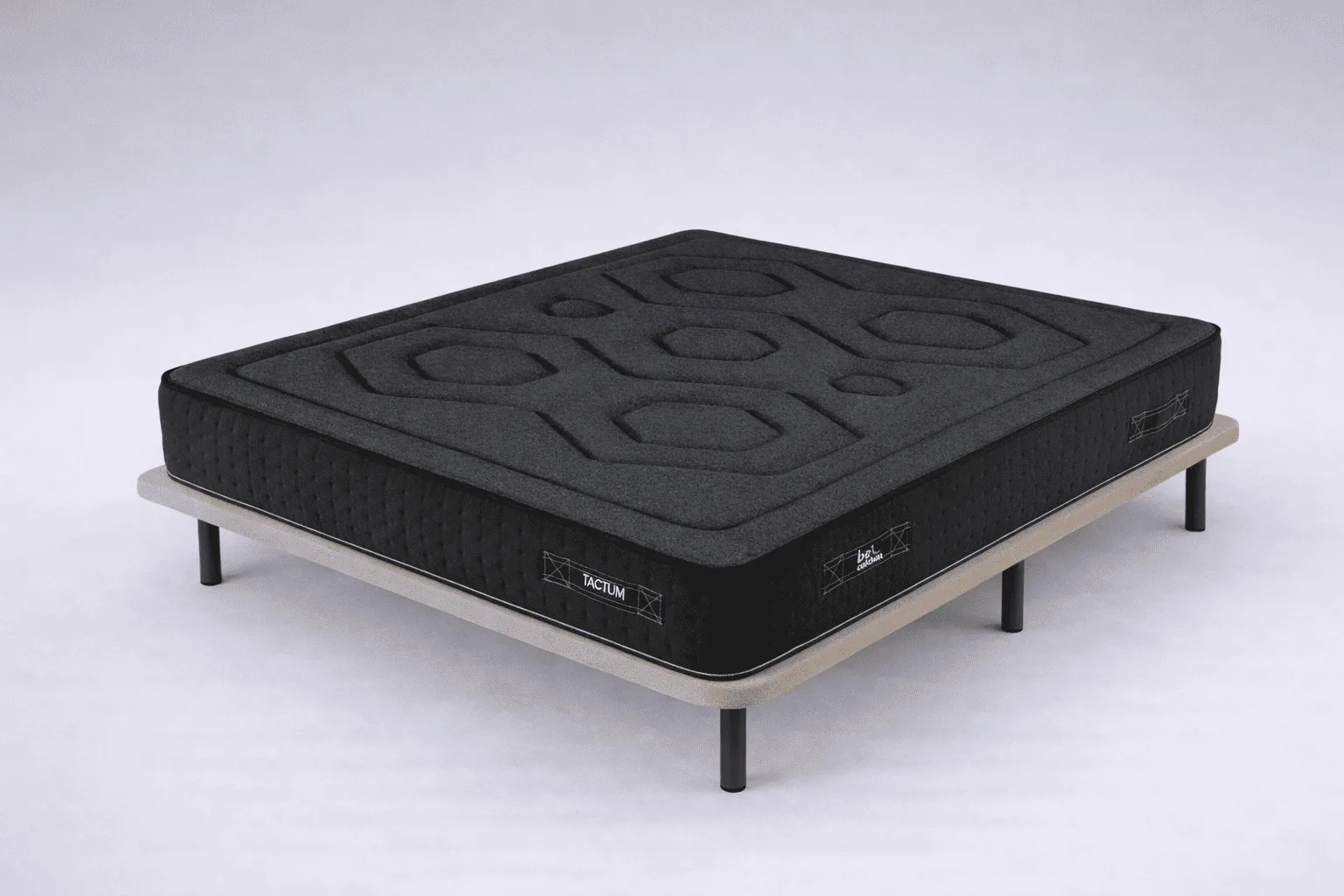 Pack Be Tactum + base tapizada Low: colchón negro sobre base tapizada con patas